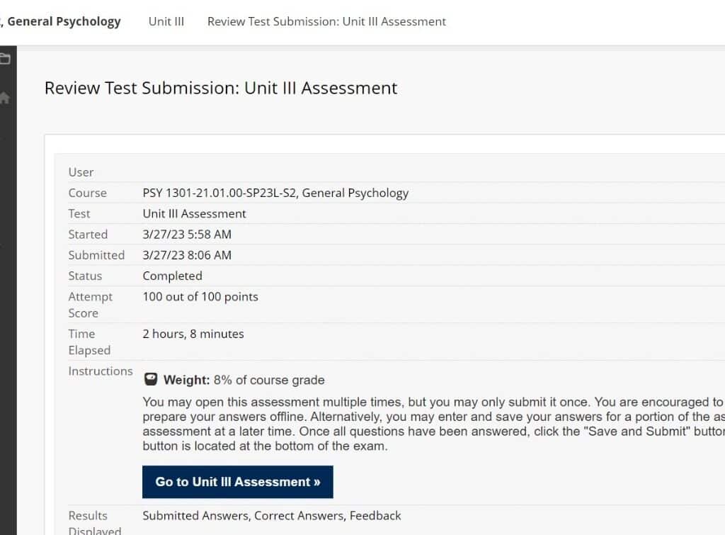 Assessment grade results of psychology assignment